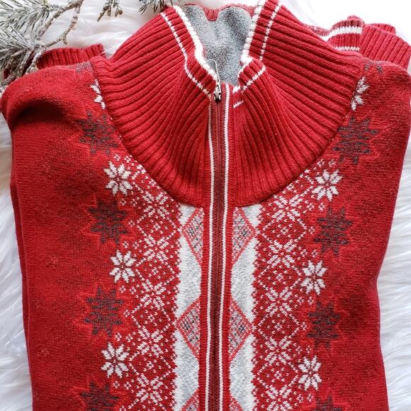 Eddie Bauer Vintage Red Snowflake Fair isle Zip Front Cardigan Sweater Ski - Picture 2 of 14
